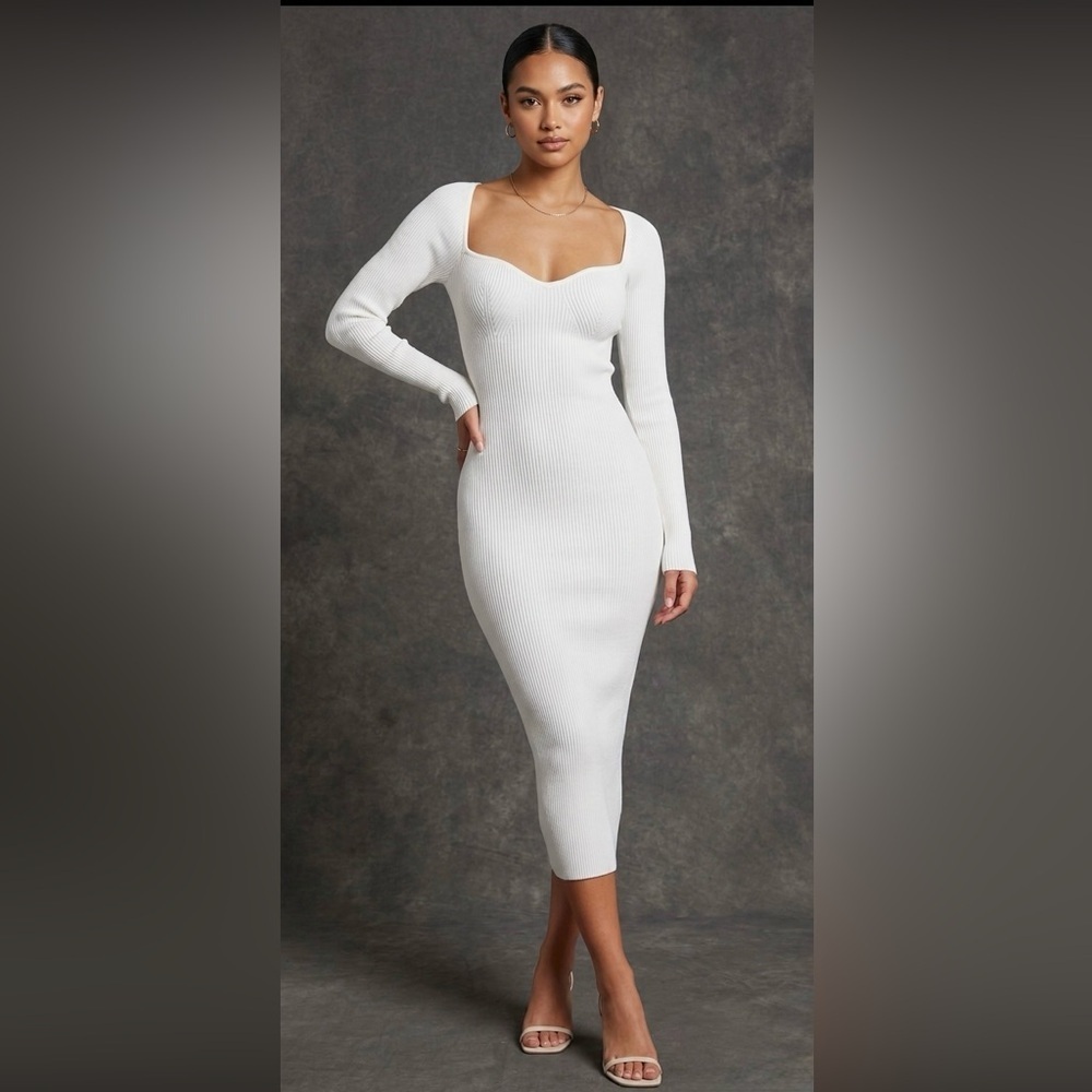Jolie & Joy White Ribbed Bodycon Dress M | Sweetheart Neck Long Sleeve Midi